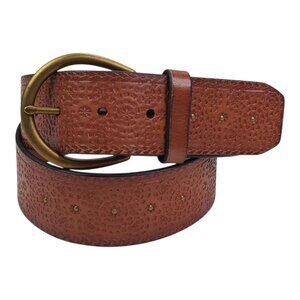 Fossil Boho Embossed Leather Belt Brass Buckle Brown Fits Waist 31-35" 1.75"